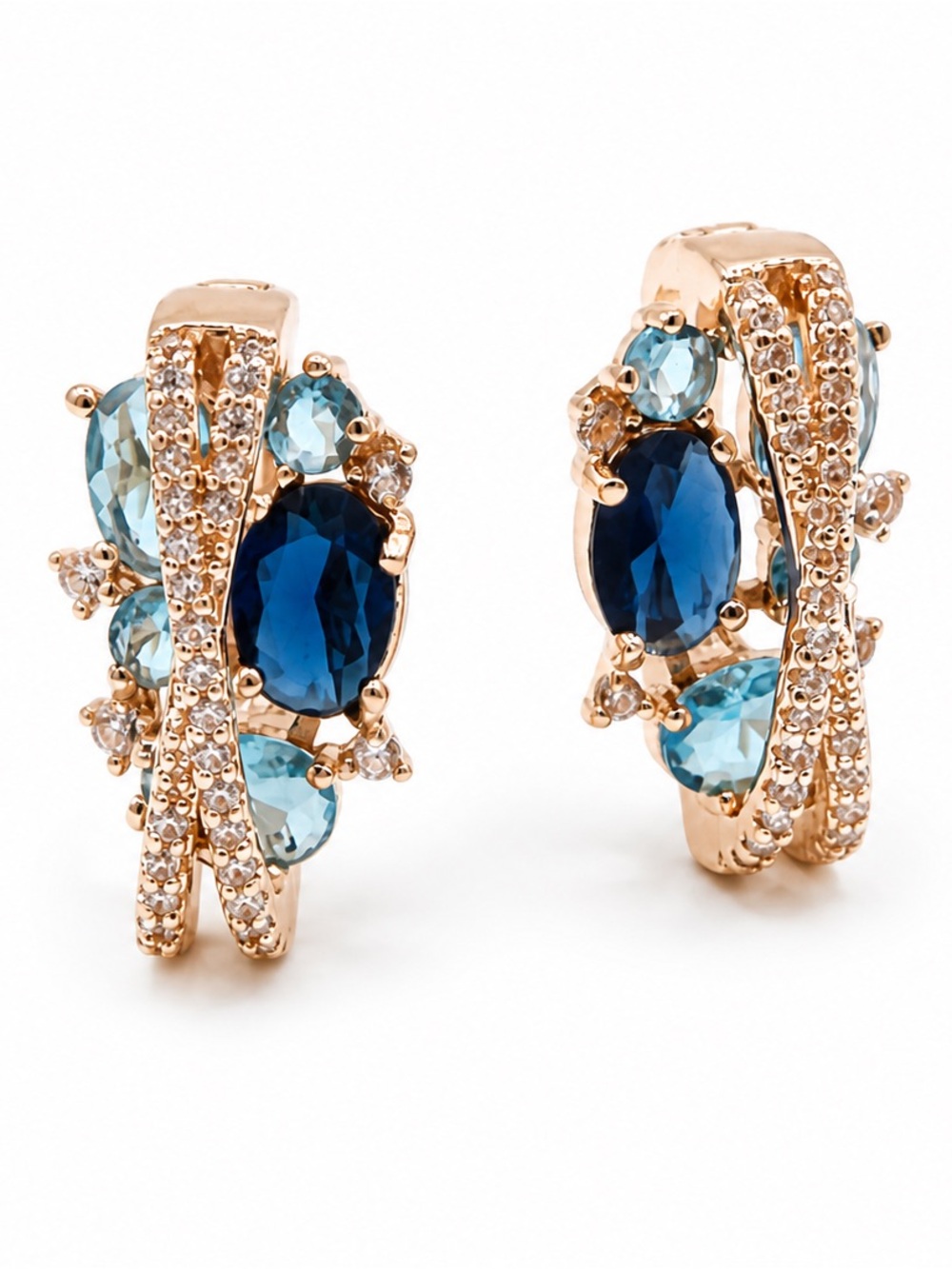 Rose Gold Hoop Earrings with Deep and Light Blue Gemstones